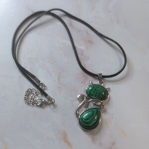 Silver Toned Necklace with Green Cat Pendant